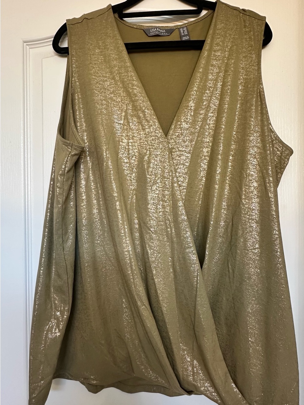 Lisa Rinna Collection Metallic Olive Green Sleeveless Wrap Top